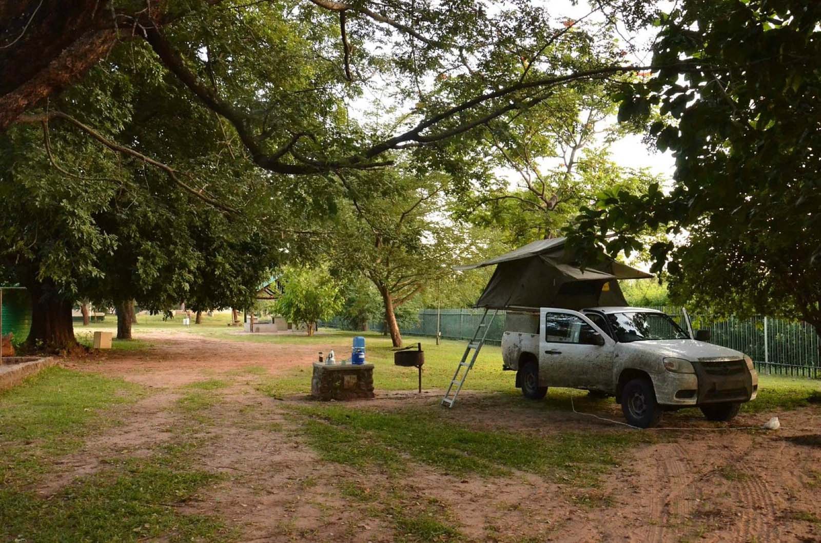 Rooftop tent pitched under the trees at Rest Camp